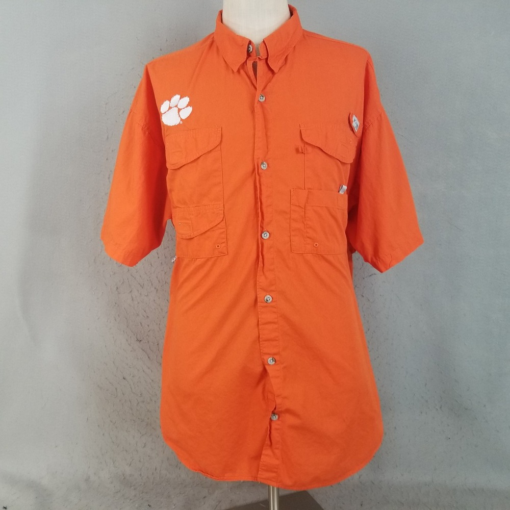Columbia Fishing Shirt Mens XXL Orange Clemson Tigers PFG Cotton Button Up Shirt